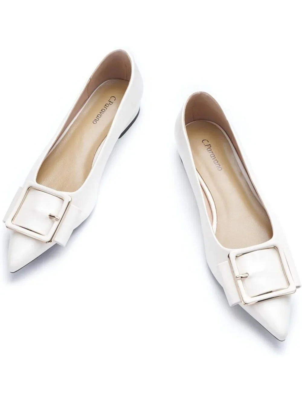 Women's White Pointed Toe Square Buckle Flats Elegant Slip-On Comfortable Shoes